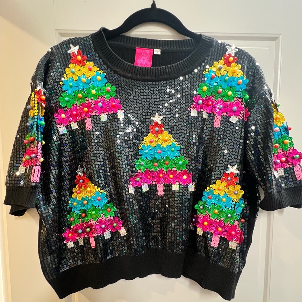 Queen Of Sparkles Black Full Sequin Multi Scatter Christmas Tree Sweater Top